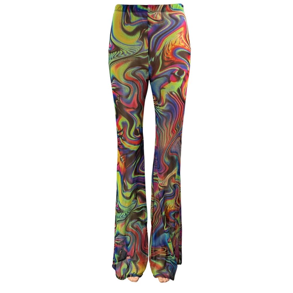 One By One Multicolor High Rise Psychedelic Swirl Print Flared Trouser Pants S